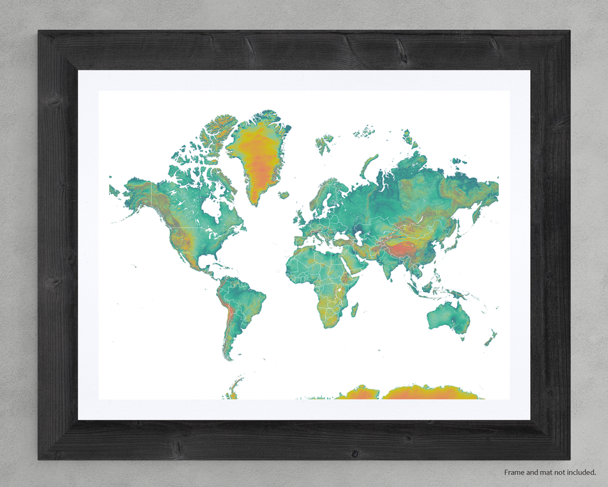World map print with natural landscape in a range of turquoise, yellow and orange colors designed by Maps As Art.