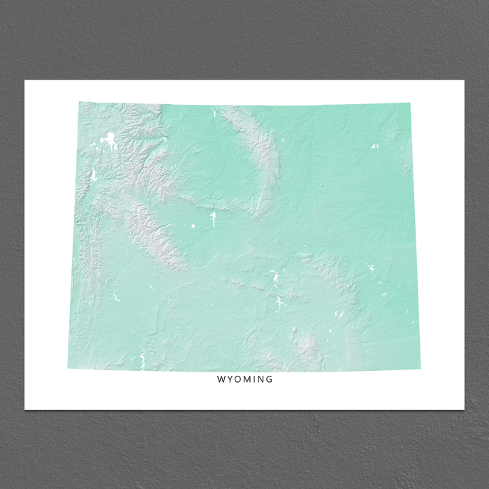 Wyoming state map print with natural landscape in aqua tints designed by Maps As Art.