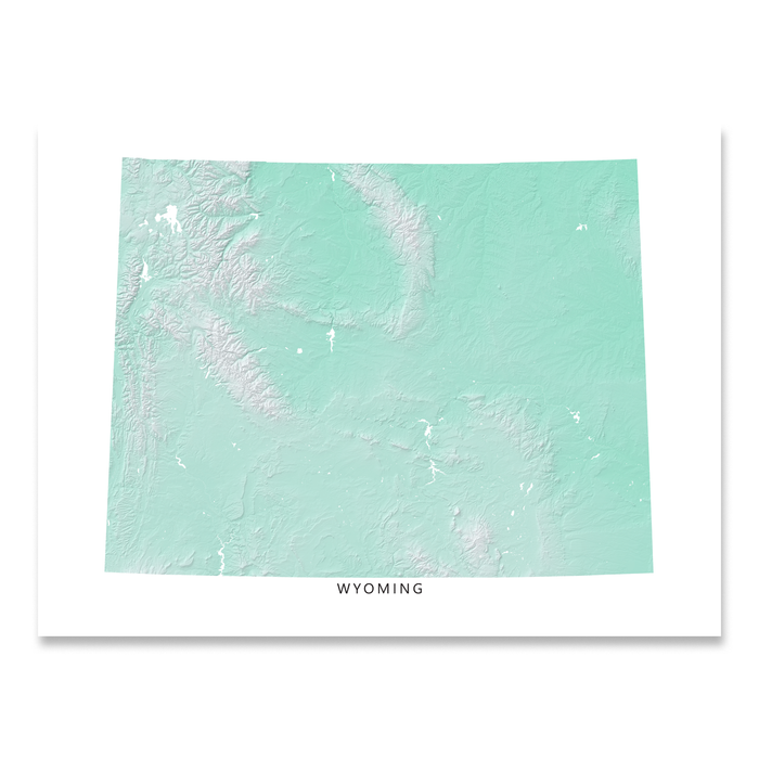 Wyoming state map print with natural landscape in aqua tints designed by Maps As Art.