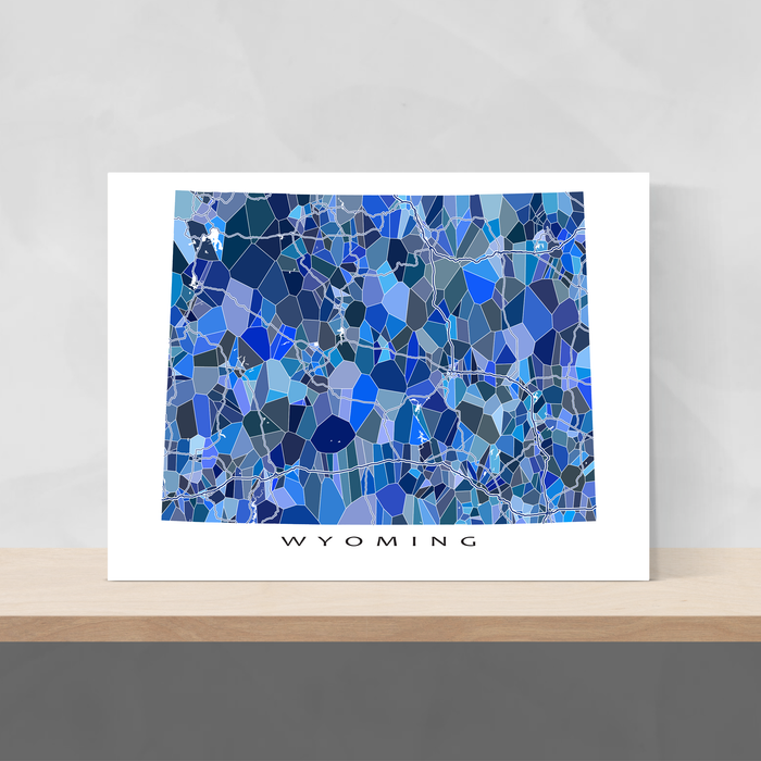 Wyoming state map art print in blue shapes designed by Maps As Art.