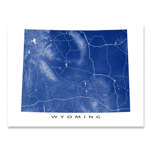 Wyoming map print with natural landscape and main roads in Navy designed by Maps As Art.