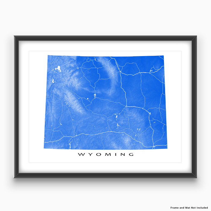 Wyoming map print with natural landscape and main roads in Blue designed by Maps As Art.