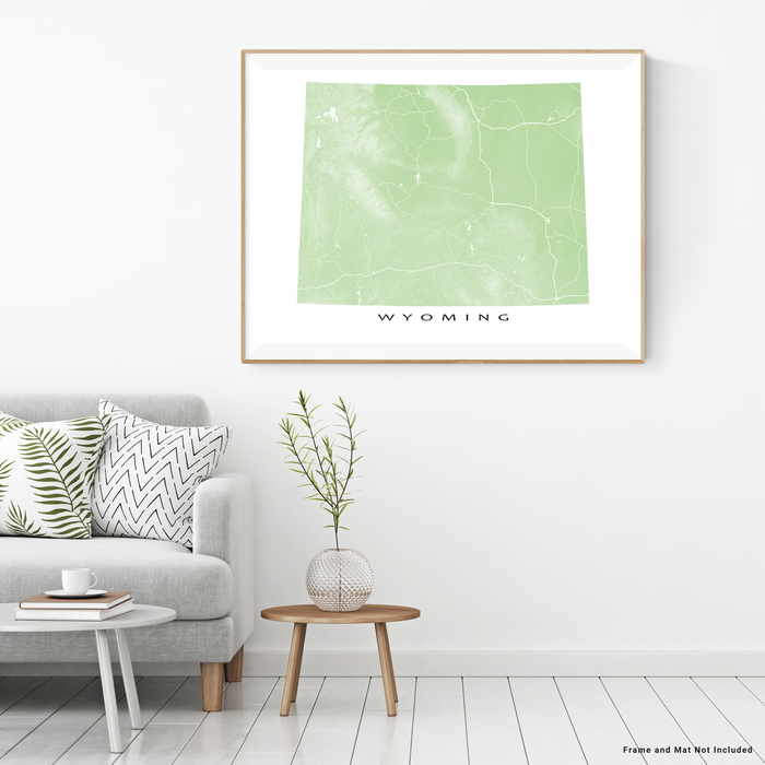 Wyoming map print with natural landscape and main roads in Sage designed by Maps As Art.