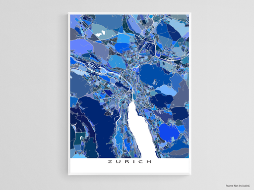 Zurich, Switzerland map art print in blue shapes designed by Maps As Art.